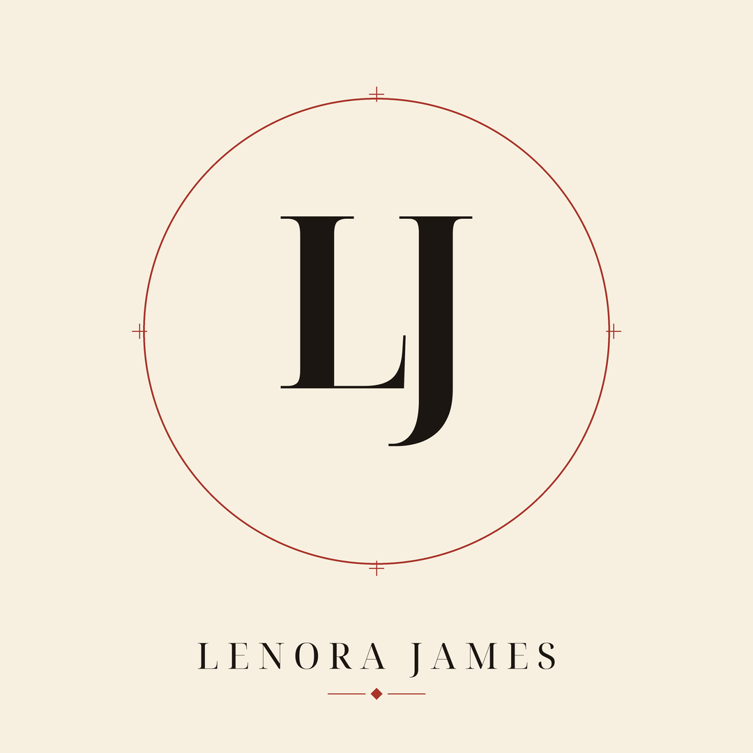 Lenora James hero mark — LJ monogram in crimson ring on parchment
